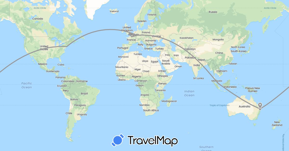 TravelMap itinerary: plane in Australia, Germany, France, United Kingdom, Singapore, United States (Asia, Europe, North America, Oceania)